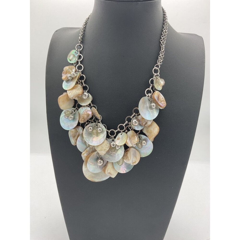 Mother-Of-Pearl Shell Disc Statement Necklace With Metal Chain